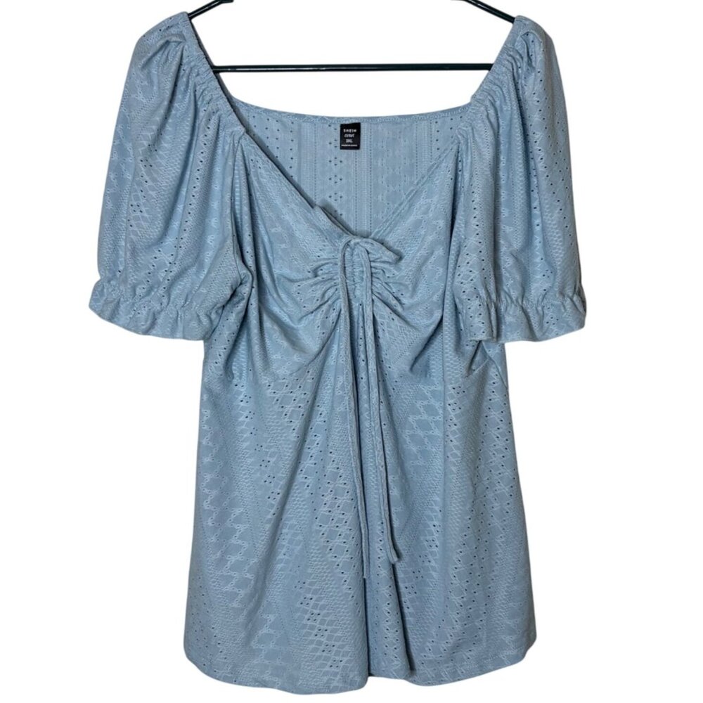 Blue Eyelet Babydoll Top Puff Sleeve Ruched Front Cottagecore Coquette 3XL